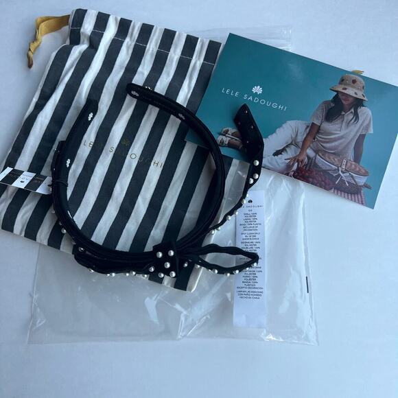 Lele Sadoughi Black Velvet Pearl Ribbon Gold Logo Headband NWT - Picture 2 of 11